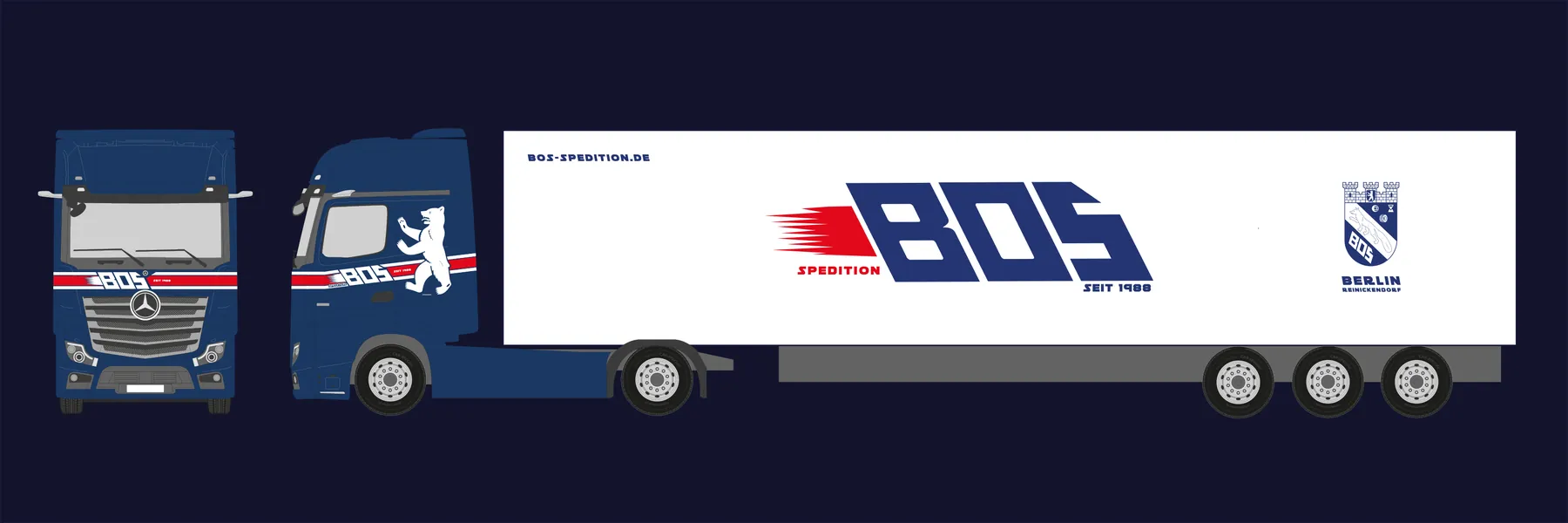 BOS Spedition truck and trailer in the new corporate design