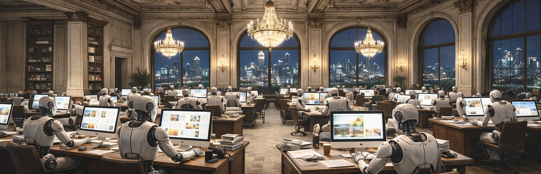 Robots writing at computers in a grand hall with chandeliers
