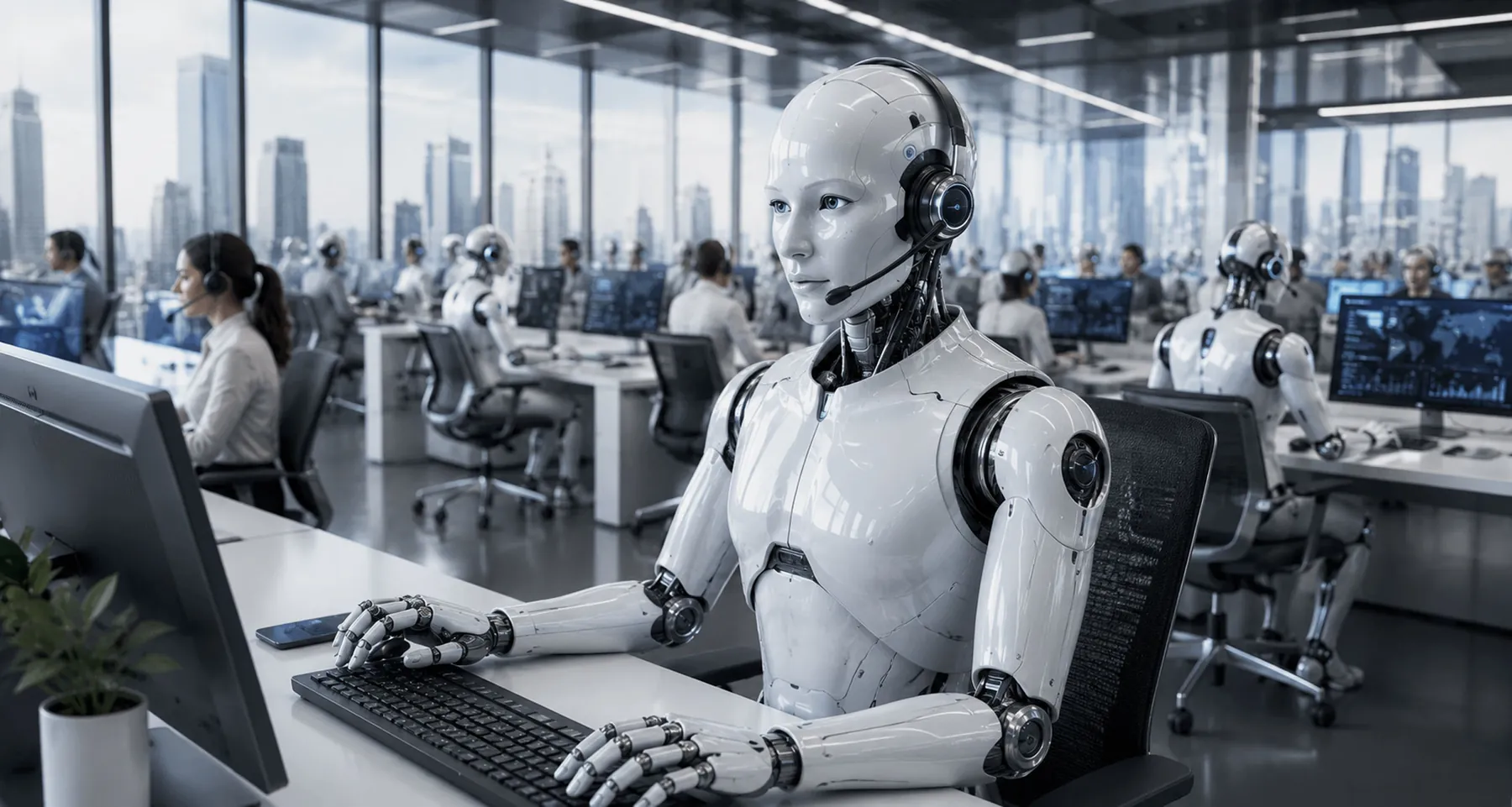 Rows of humanoid robots with headsets working at computers in an office